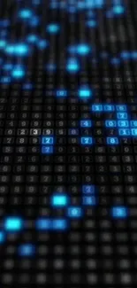 Dynamic blue matrix with numbers on black background.