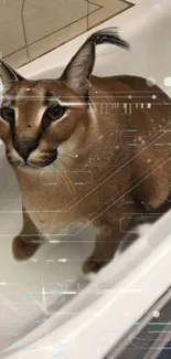 Caracal in a bathtub with digital futuristic overlays.