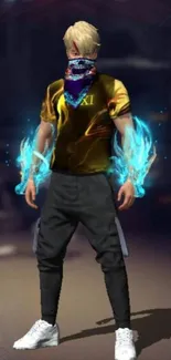 Digital character with glowing blue energy aura.