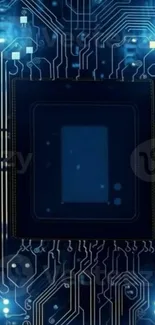Intricate digital circuit design on a blue background wallpaper.