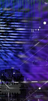 Abstract blue and purple digital circuit wallpaper with futuristic design.