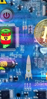 Futuristic wallpaper with digital circuits, crypto coins, and radioactive symbols.