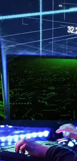 Futuristic digital circuit wallpaper with green neon glow.