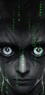 Digital artwork of a cyberpunk face with matrix code elements.