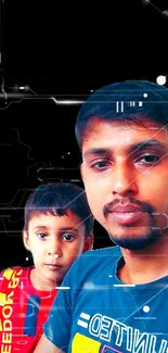 Father and child portrait with circuit background on mobile wallpaper.