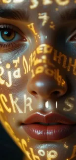 Human face with glowing alphabet projection.