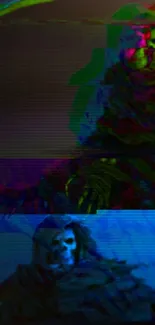 Glitch effect skull with vibrant colors in a dark digital wallpaper.