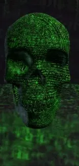 Digital skull with green matrix code on a dark background.