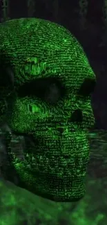 Green digital skull with matrix text design, perfect for tech wallpapers.