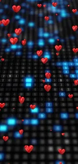 Vibrant digital wallpaper with red hearts on a blue pixelated background.