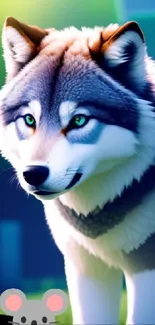 Vivid wallpaper with a husky in a digital forest.