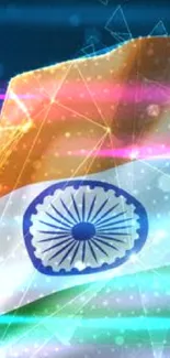 Digital rendering of the Indian flag with a blue and geometric background.