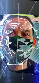 Masked face with shattered glass effect in digital wallpaper.