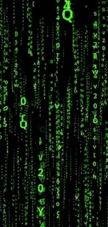 Green digital characters cascade on a black background, creating a matrix code effect.