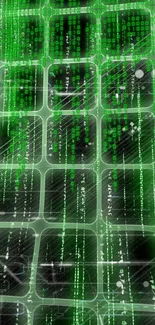 Green digital matrix code wallpaper with futuristic grid design.