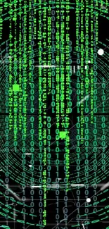 Matrix-inspired digital wallpaper with cascading green binary code.