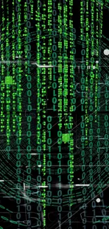 Matrix-inspired green digital code wallpaper with a dark theme