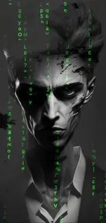 Digital art wallpaper of mysterious character with green matrix code.