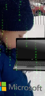 Child with matrix graphics in snowy backdrop and laptop image.