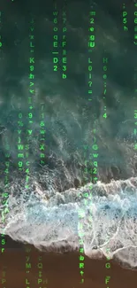 Matrix code over ocean background mobile wallpaper.