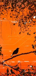 Bird silhouette on orange digital background with branches and leaves.