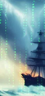 Pirate ship sailing through digital code with a fantasy theme.