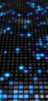 Digital pixel matrix with bright blue lights on a dark background wallpaper.