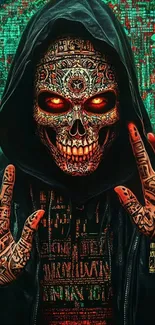 Intricate digital skull design with hooded figure and vivid colors.