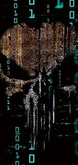 Digital skull with binary code on black background