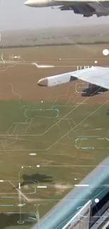 Futuristic digital interface overlay on an airplane view over fields.