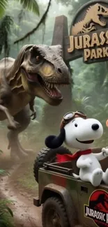 Cartoon characters on a jungle adventure with dinosaurs.