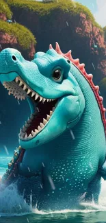 Vibrant blue dinosaur in ocean adventure scene.