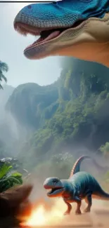 Dinosaurs in a lush jungle landscape with vibrant natural scenery.