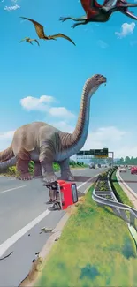 Dinosaur crossing modern highway under clear blue sky.