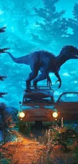 Dinosaur stands on a vintage car in a vibrant blue forest.