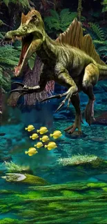 Dinosaur in vibrant forest with fish swimming in a lush, green environment.