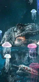 Fantasy dinosaur and jellyfish scene in ocean wallpaper.