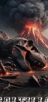 Dramatic dinosaur and volcano eruption wallpaper with fiery details.