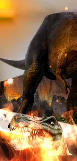 Dinosaur AR wallpaper with fiery background and mobile device.