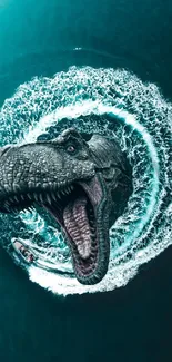 T-Rex dinosaur emerges from ocean waves in stunning mobile wallpaper design.