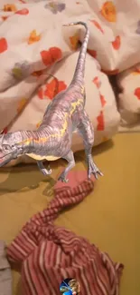 Augmented reality dinosaur with floral background on mobile screen.