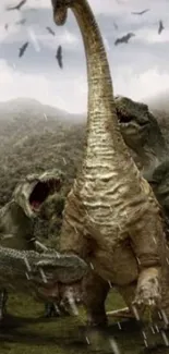 Epic dinosaur battle in scenic prehistoric setting.