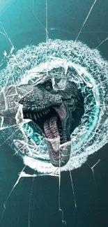 3D T-Rex breaking through turquoise glass.