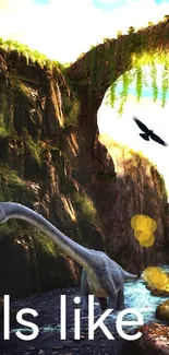 Dinosaur in lush canyon with bird in the sky, artistic phone wallpaper.