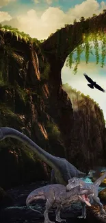 Dinosaur scene in a lush canyon with a flying bird silhouette.