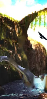 Fantasy canyon with dinosaur and eagle in scenic wallpaper.