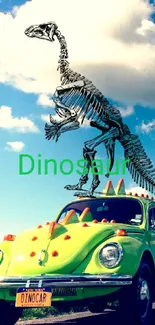 Green car with dinosaur skeleton under a blue sky.