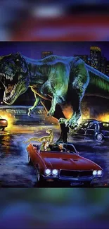 Dinosaur and car scene at night in the city wallpaper.