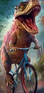 A dynamic dinosaur rides a bike with vibrant colors and splashes in the background.