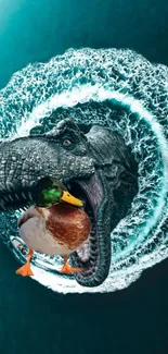 Unique dinosaur and duck on swirling teal background.